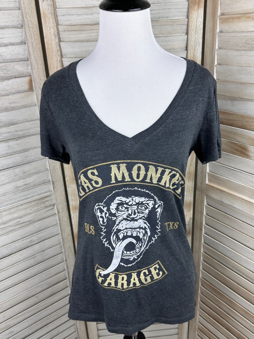 Womens Charcoal Grey Gas Monkey Garage Graphic Vneck Fitted Tee Size Medium